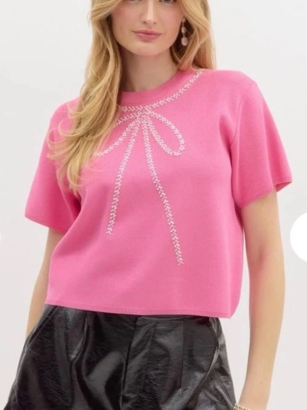 entro Pink Ribbon Rally Short Sleeve Knit Top w/ Pearl Bead Bow Detail
